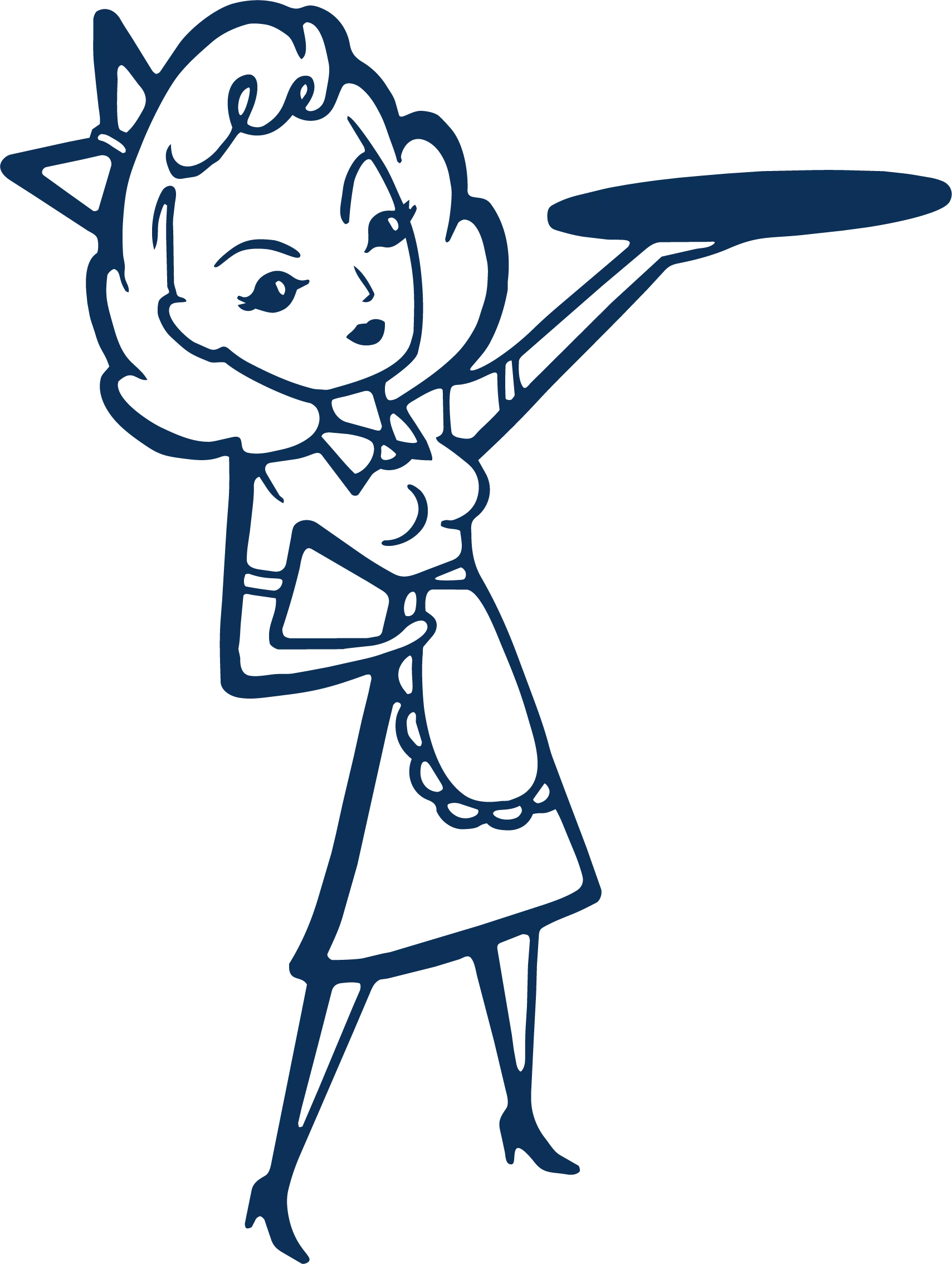 Line drawing of a sassy woman with cat ears, short curly hair, and a confident pose, holding a tray. She is dressed in a midriff top, a skirt with a lace apron, and high-heeled shoes.